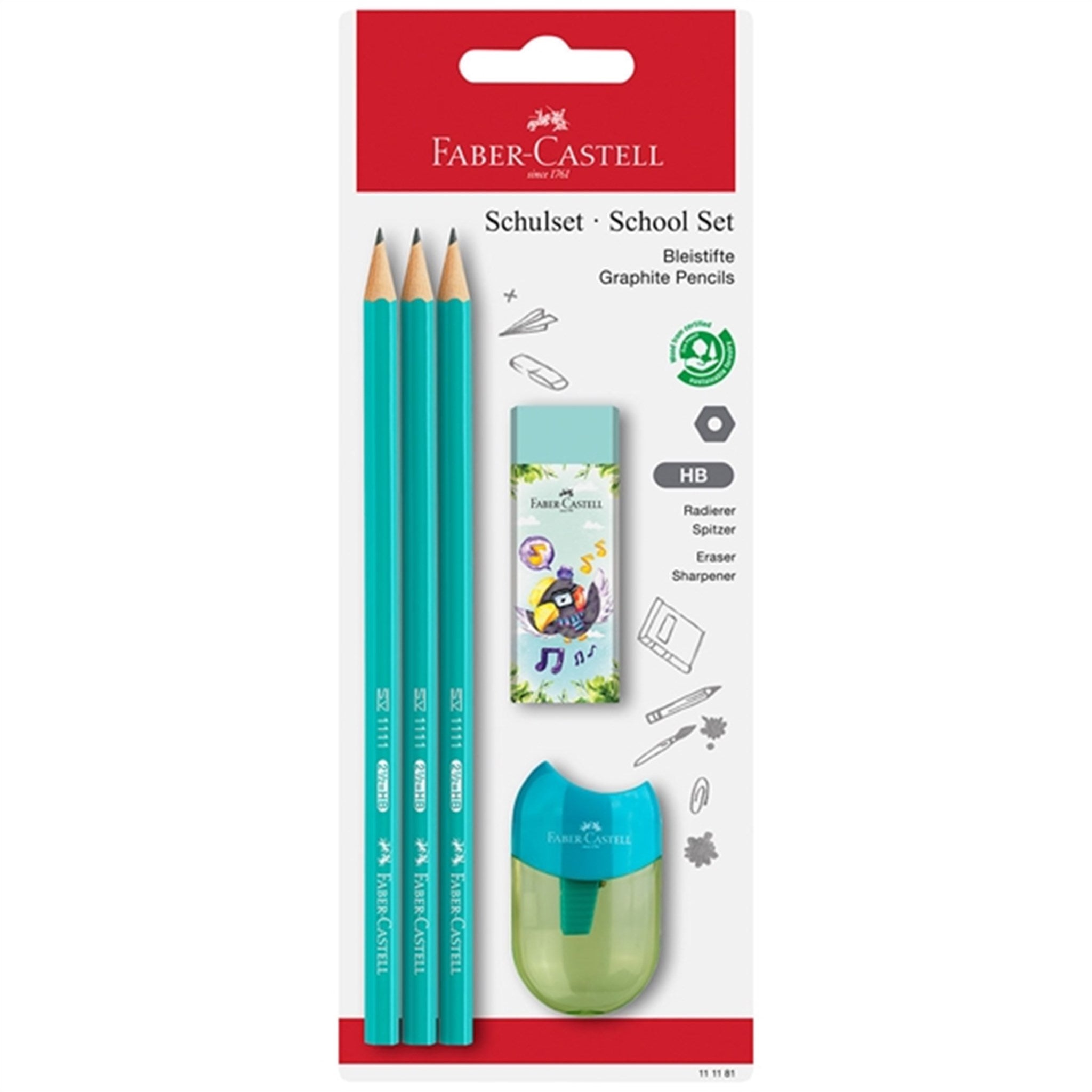 Faber Castell 3 Blyanter, 1 Spidser, Viskelæder Turkis fra Faber-castell