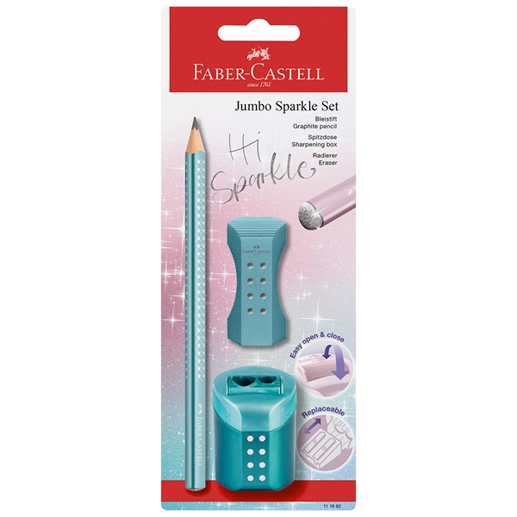 Faber Castell Sparkle Jumbo Blyant, Viskelæder, Blyantspidser   Turkis fra Faber-castell