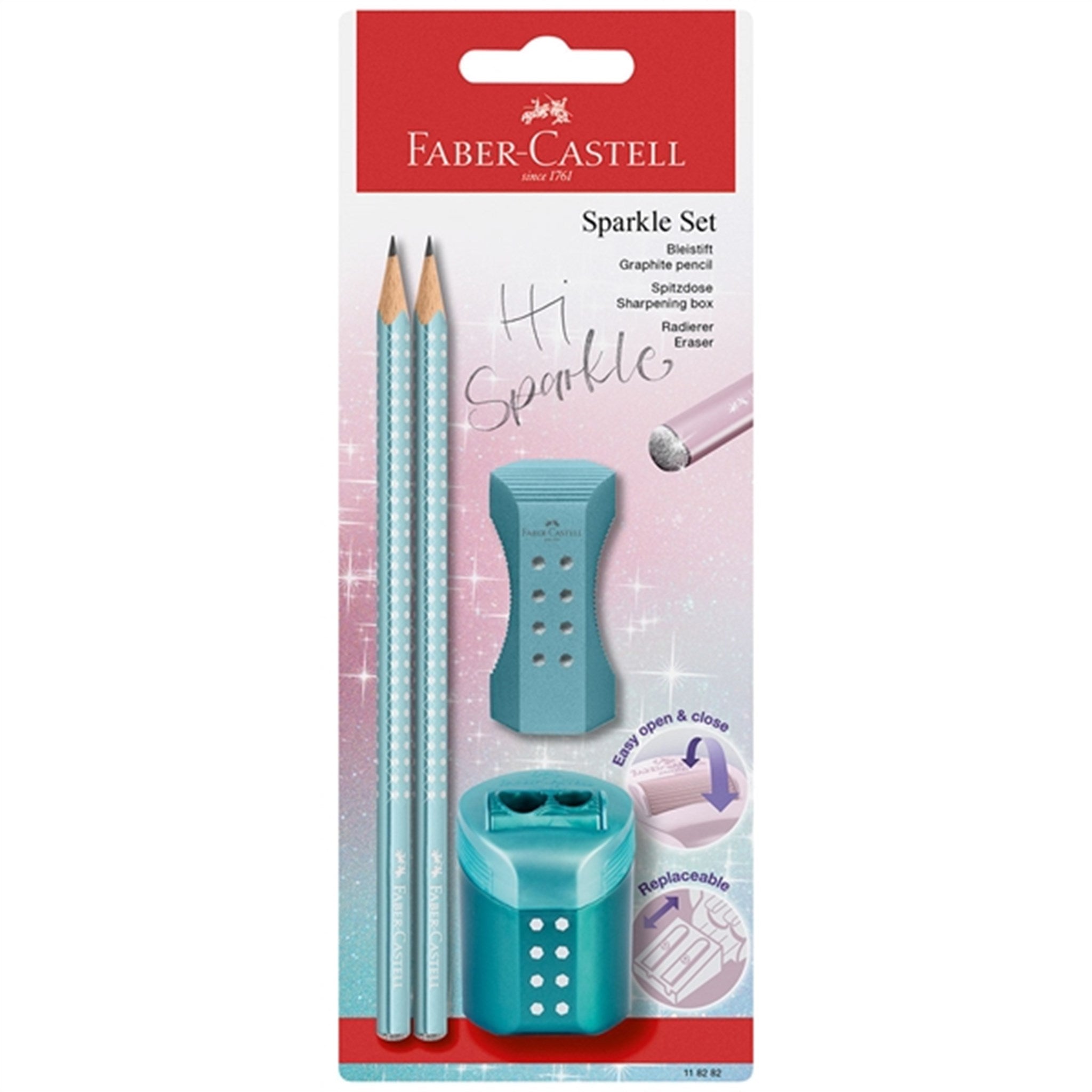 Faber Castell Sparkle 2 Blyanter, Viskelæder, Blyantspidser   Turkis fra Faber-castell